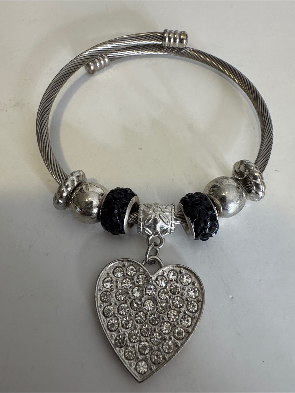 Silver-Tone Heart Charm Bangle Bracelet with Black Crystal Beads